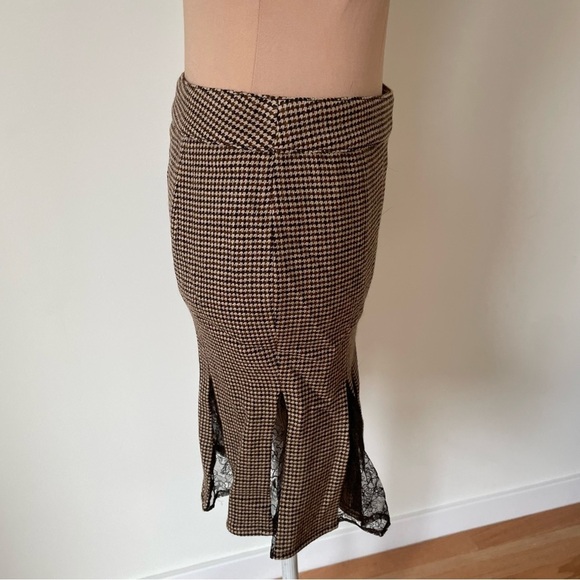 VALENTINO R.E.D Houndstooth Print Brown Wool Lace Inset Pleated Skirt IT 38 US 2 - Picture 5 of 10